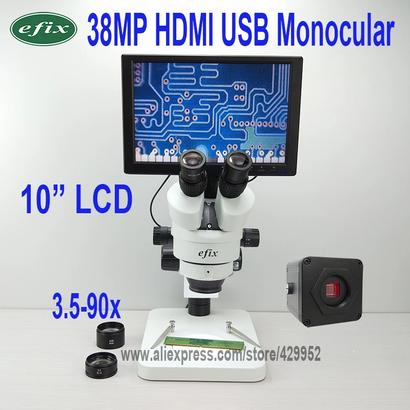 Efix 10 дюймовый ЖК дисплей 38MP 3 5 90X Тринокулярный Стерео паяльный микроскоп HDMI USB