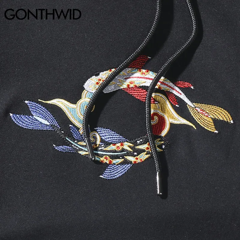 GONTHWID Embroideried Fish koi Карп пуловер толстовки с капюшоном, худи Harajuku уличная мужская хип хоп Повседневная модная Толстовка Топы мужские