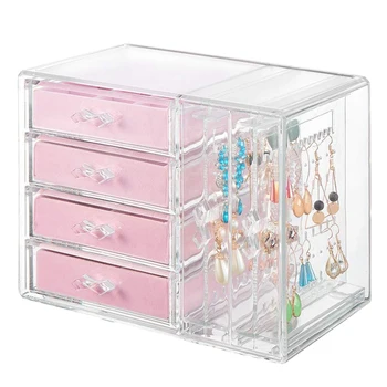 

Jewelry Organizer 4 Drawers 2 Earring Hanger Two-In-One, Clear Rings Bracelets Necklaces Box for Women, Girls Gift Pink