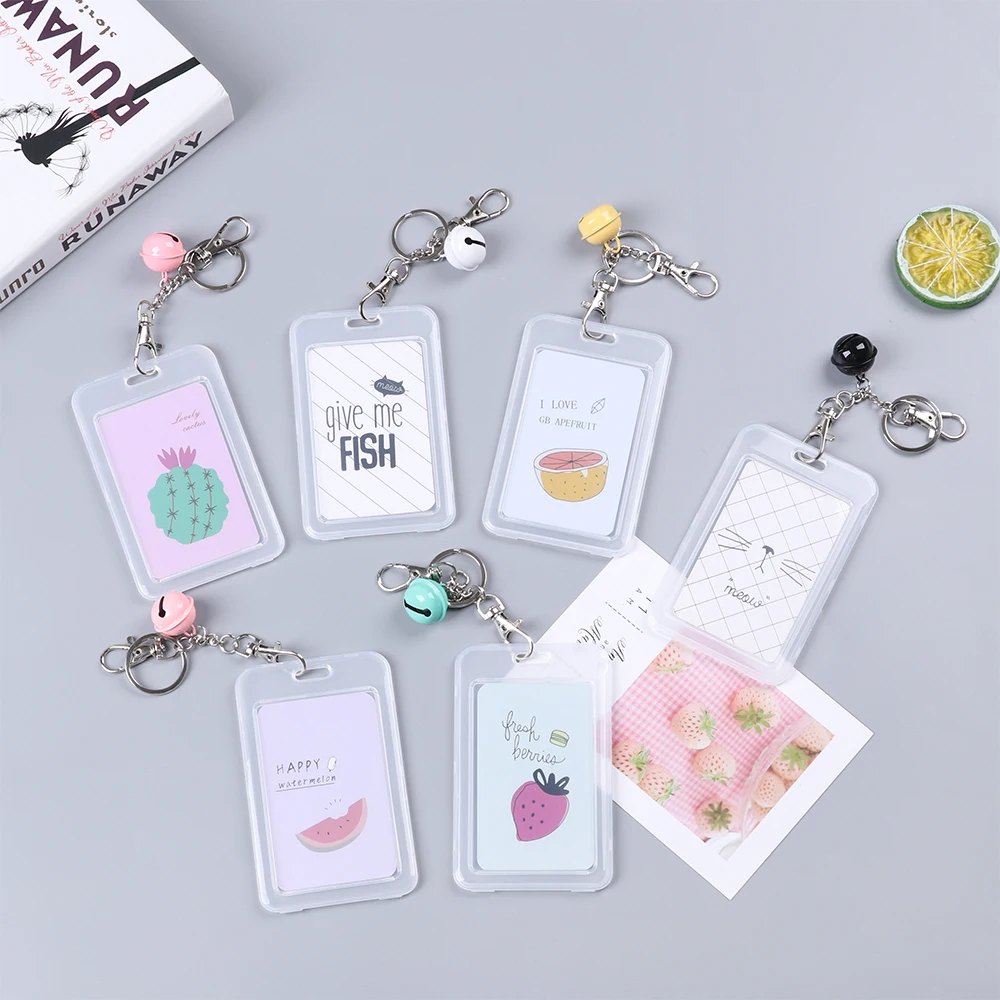 

1Pcs Plastic Cute Cartoon Card Cover with Keyring Chain Fashion Card Bag Bank Credit Card Holder Student ID Bus Card Pass Holder