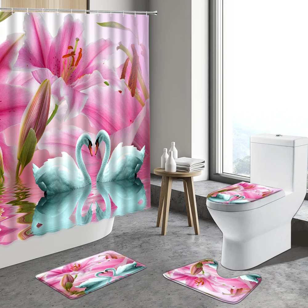 

Flower Swans 3D Printing Shower Curtain Bathroom Decors Waterproof Bathtub Decor Pinks Floral Curtains Polyester With Hooks Set