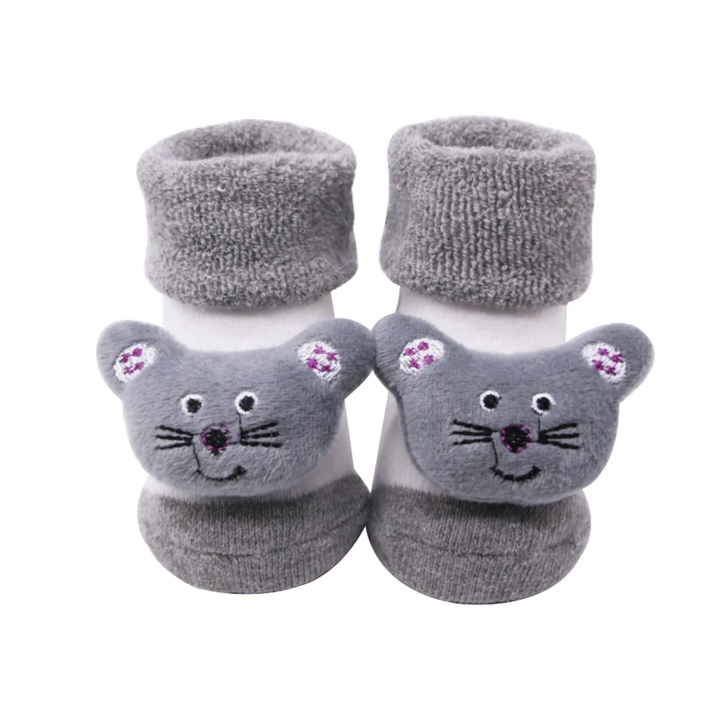 Детские Носки с рисунком, милые Нескользящие плотные теплые носки для мальчиков и девочек, тапочки, ботинки для детей 0-12 месяцев, мягкие хлопковые носки для малышей - Цвет: Gray
