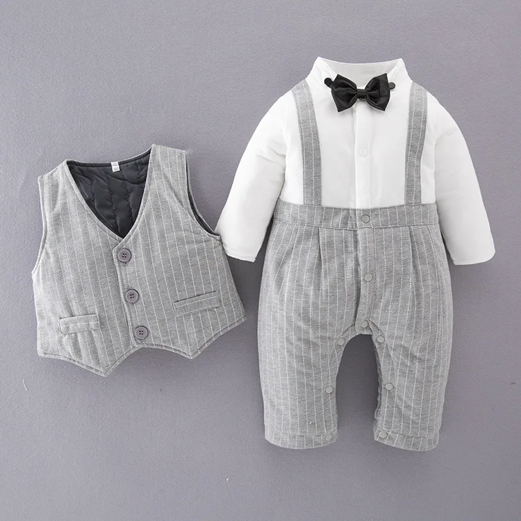 

Winter Infant Long Sleeve Thick Quilted Romper BOY'S Gentleman Gray Stripes Waistcoat CHILDREN'S Suit