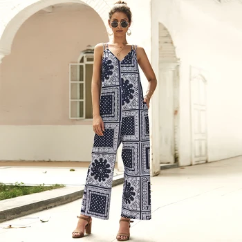 

Vintage Print Strap Jumpsuit Women V Neck Sleeveless Backless Chiffon Jump Suit Boho Casual Wide Leg Long Jumpsuits Summer 2020