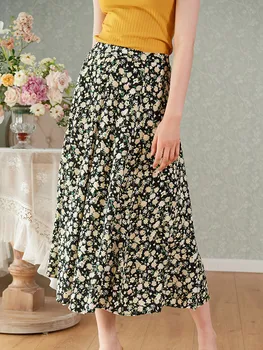

Prairie Chic Women Skirts Flower High Waist Vintage Printing Spring Summer Lady Skirt