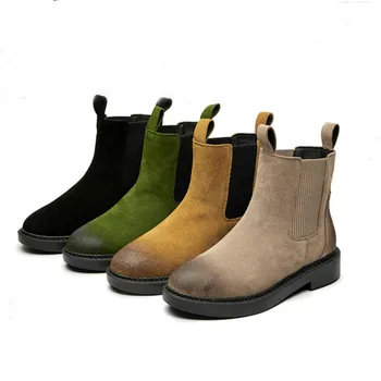 

Leather Women Chelsea Boots Brand Winter Warm Short Ankle Boots Plus Size Platform Single Flats Martin Shoes Woman 463