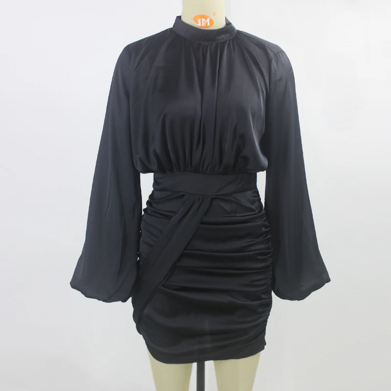 Tobinoone короткое вечернее платье с пышным рукавом, одно Плиссированное облегающее мини-платье, Черное женское платье для ночного клуба с длинным рукавом, женское платье