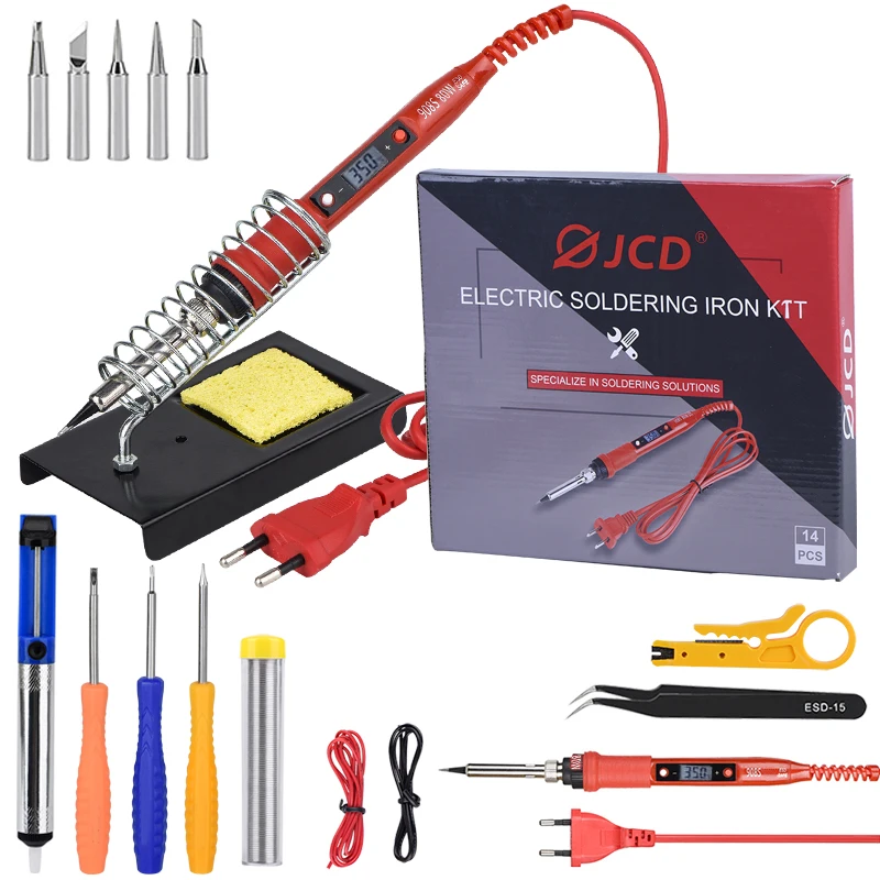 

JCD 80W LCD Display Soldering Iron Kits Adjustable Temperature Solder Iron with Qualit Tips Tweezers Welding Repair Tool 908S