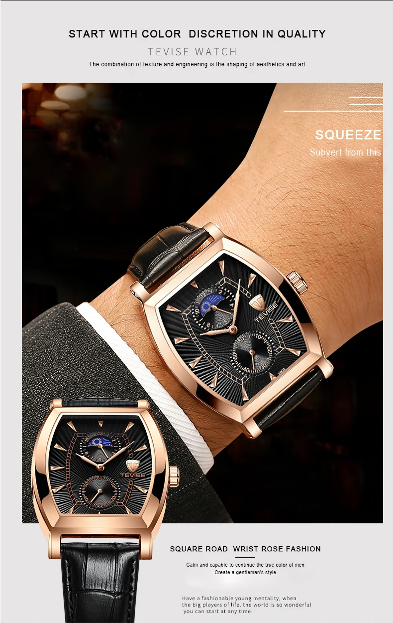 TEVISE 8383S мужские часы Moon Phase настоящие водонепроницаемые кварцевые часы с кожаным ремешком Мужские повседневные наручные часы Relogio Masculino
