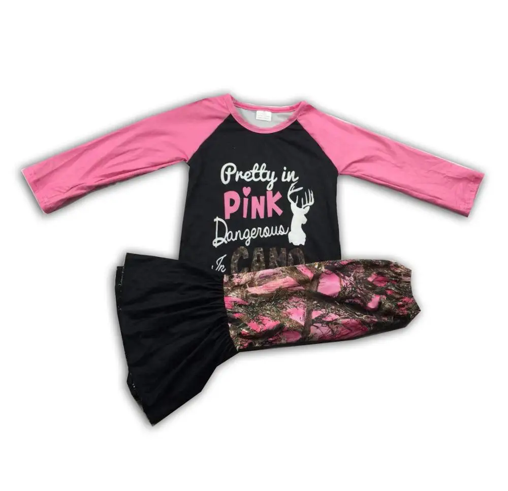 Розовый Камуфляжный реглан для девочек; подходящий Топ; брюки-колокольчики; комплекты одежды