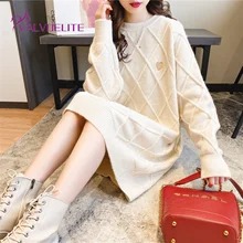 

New Woman Knit Sweater Winter Plus Velvet Warm Sweater Long Round Neck Pullover Dress High Quality Solid Color Bottoming Shirt