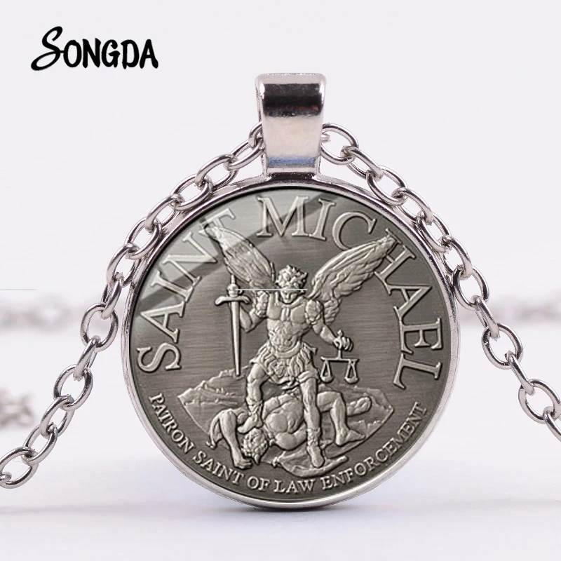 

SONGDA Archangel St.Michael Necklace Protect Me Saint Shield Angel Protection Glass Gem Pendant Orhodox Amulet Christian Jewelry