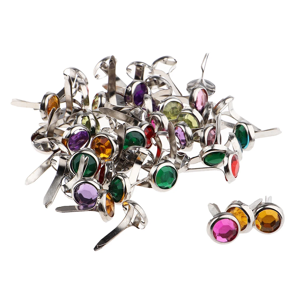 50x Metal Round Rhinestone Head Brads Paper Fastener for Card Making Craft
