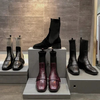 

Knit Leather Weave Pattern Elastic Socks Boots Women Square Toe A Pedal Bare Boots Winter Patchwork Short Boots Lady New Stylish