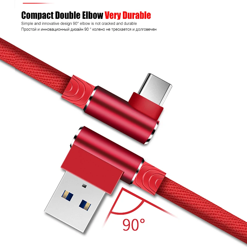 90 градусов локоть usb type C кабель 3 м для huawei P30 P20 mate 20 Pro Redmi k20 samsung S10 Plus Быстрая зарядка usb type-C устройств