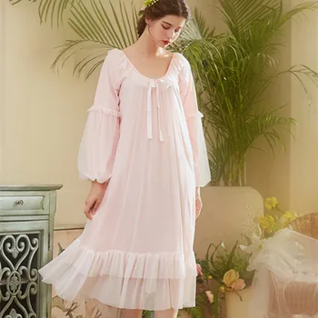

Spring and Autumn New Spandex Female Princess Lace Nightdress Mesh Sleep Ancient Long Sleeve Home