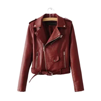 

2020 Spring Autumn Women Faux Soft Leather Jacket Long Sleeve Pink Biker Coat Zipper Design Motorcycle PU Red Jacket
