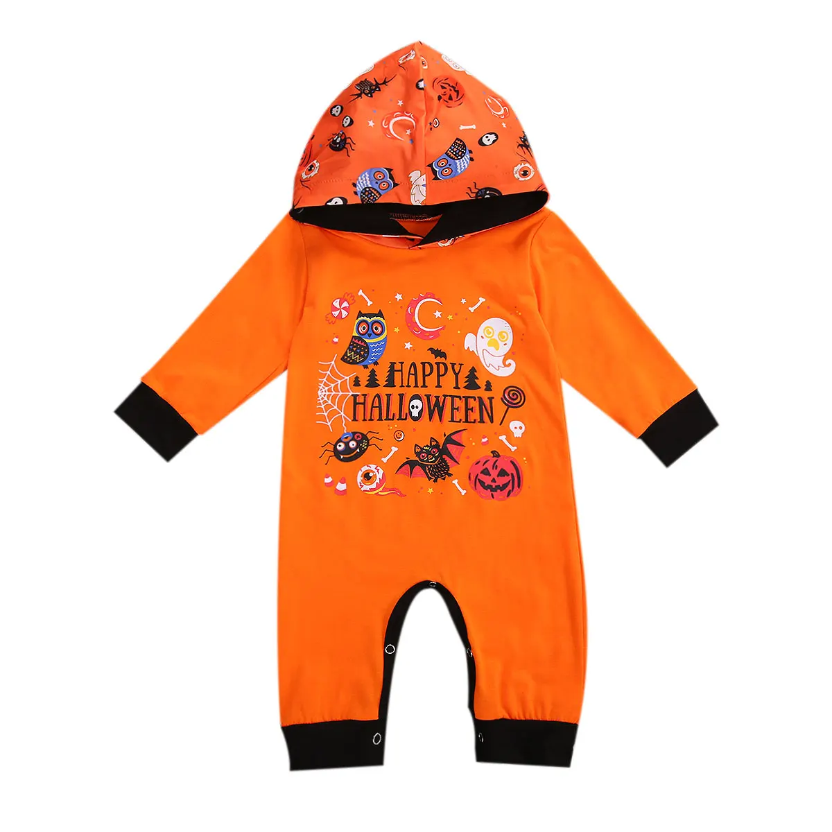 

Newborn Baby Girls Boys Halloween Hooded Romper, Long Sleeve Cartoon Pattern Printing Concealed Bottom Button Festive Clothing