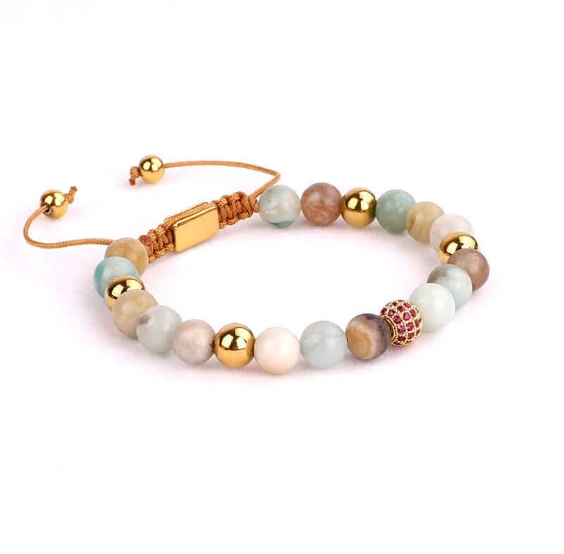 Drop shipping natural stone amazonite beaded CZ ball weave bracelet for women lady - Image 2