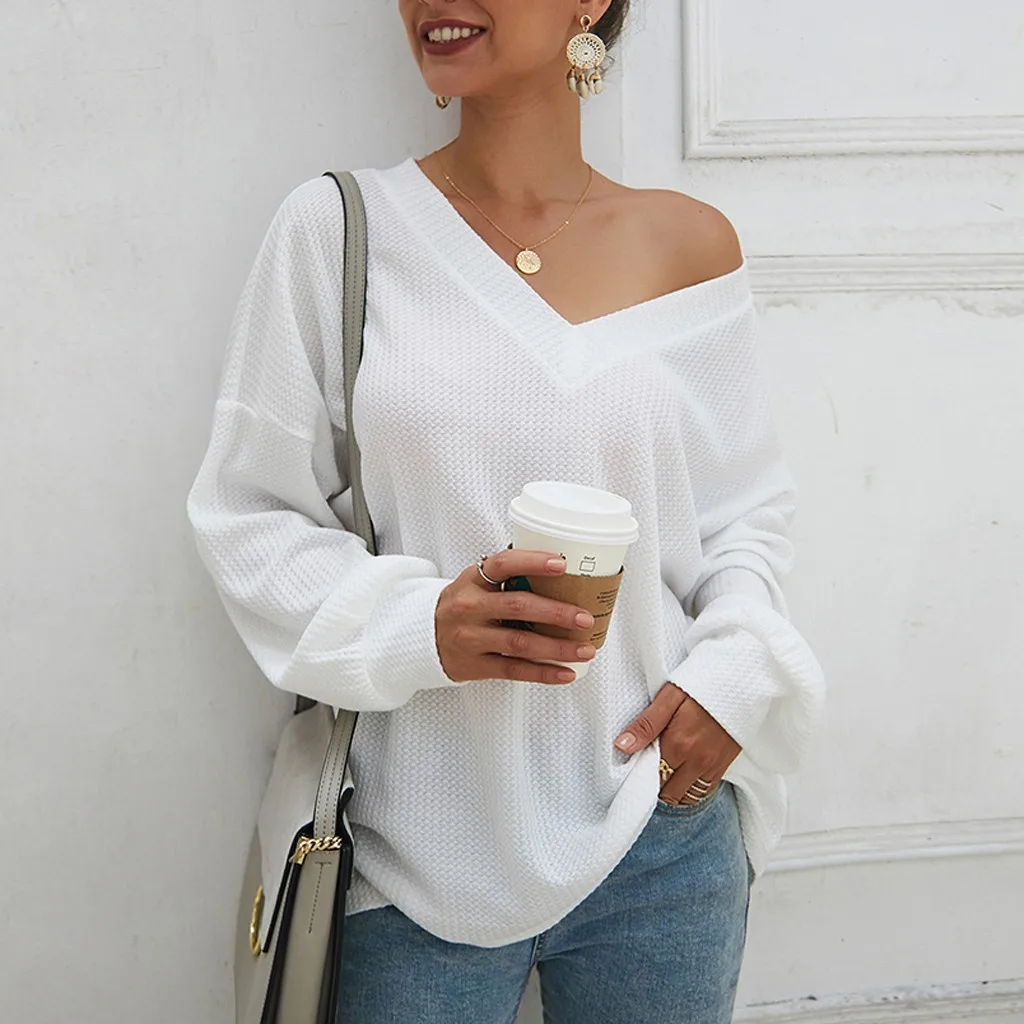 

2019 Fashion Solid Sweater Women's Casual Sweater Pullovers Long Sleeve V-Neck Tops Ladies Autumn Winter Clothing Plus Size
