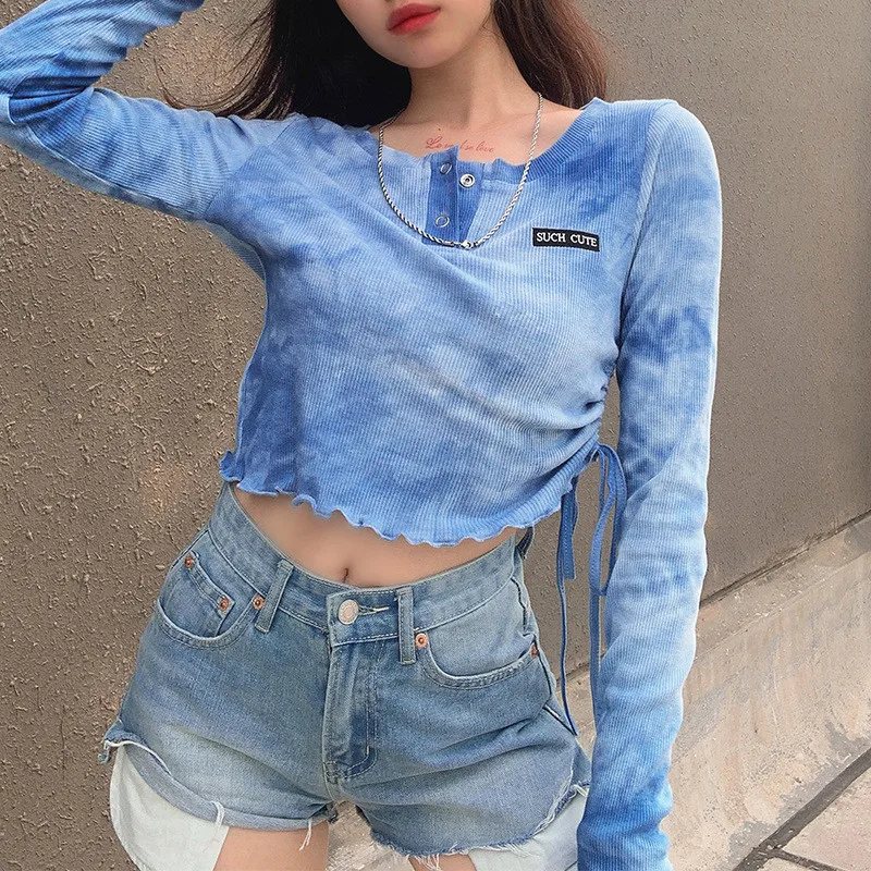 High Street Women's Tie-Dye Top Long Sleeve Round Neck Letter Embroidered Folded Tie T-shirt Hip Hop Girl Base Shirt Street Wear