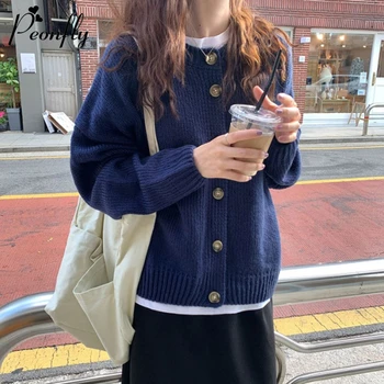 

PEONFLY 2020 Korean Women Sweater Cardigan Single Breasted Pocket Design Female Knitted Cardigan Sweater Autumn Winter Jacket