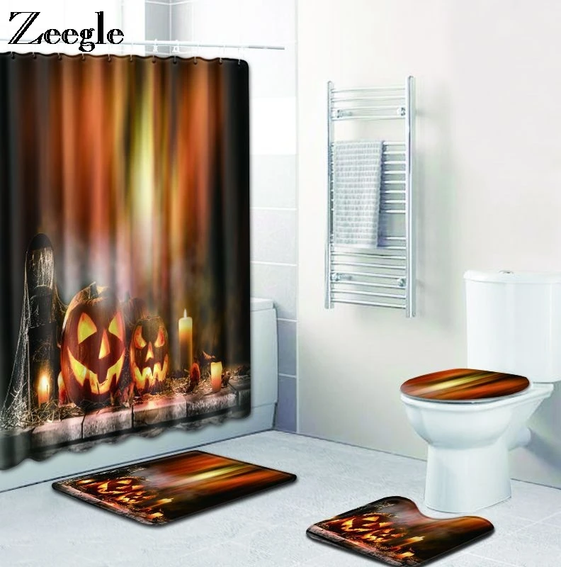 Zeegle Bathroom Mat with Shower Curtain Set Halloween Bathroom Decoration Mat Soft Toilet Pedestal Rug Foot Mat 4pcs Toilet Set