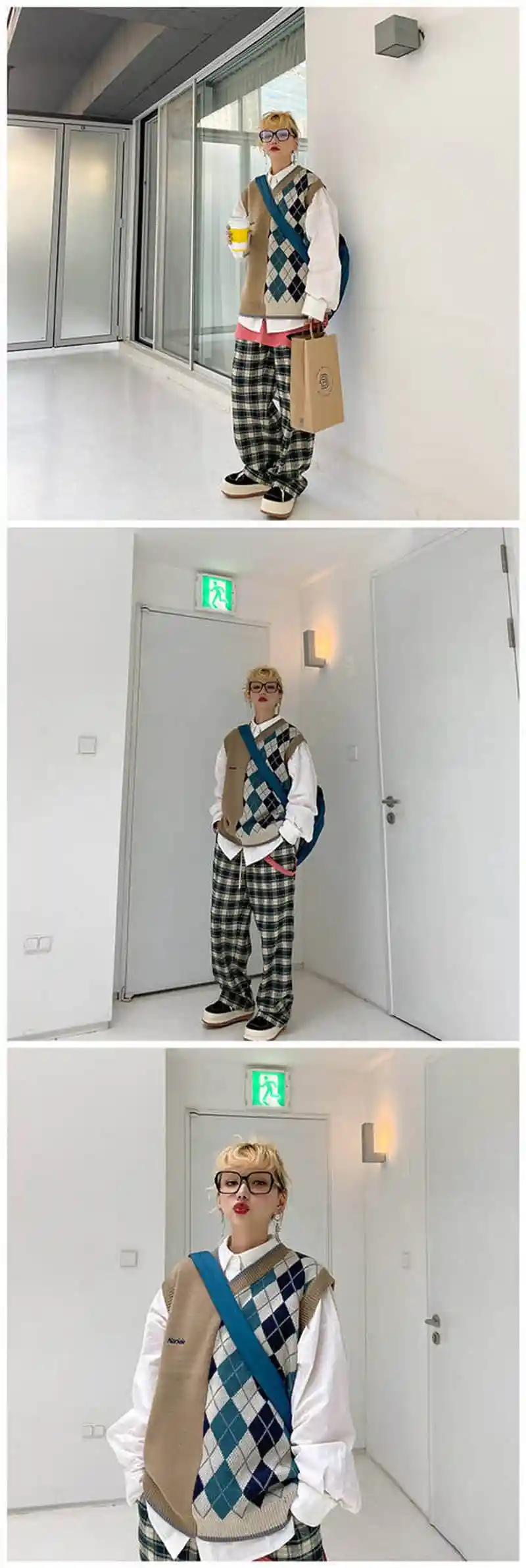 Японский Harajuku вязаный лоскутный жилет с Аргайлом для мужчин и женщин унисекс Повседневный вязаный пуловер с v-образным вырезом свитер жилет размера плюс