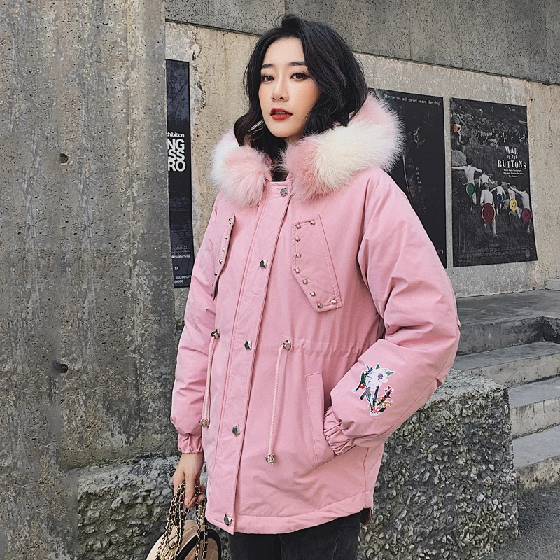 Женская куртка большого размера 3XL с капюшоном и меховым воротником Осеннее