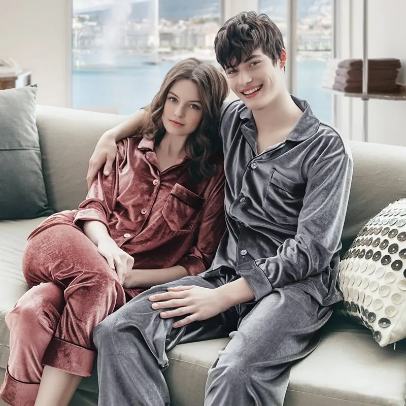 

SDW # Solid Color Series Collection Cardigan High Quality Couples plus Velvet Gold Velvet Long Sleeve Pajamas Homewear Set