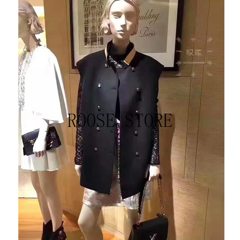 

Cosmicchic Elegant Office Lady Vest Stand Collor Vests Blazer Double Button Sleeveless Pocket Jacket Leather Collar Women Vest