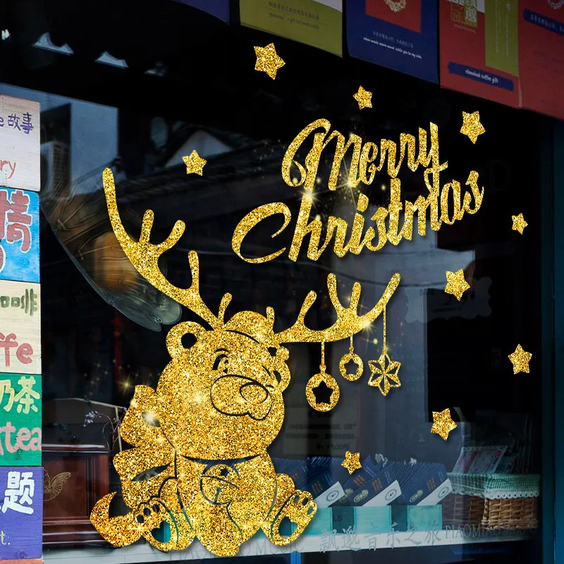 Золотой порошок медведь окна Детская комната Рождество наклейки на стену дома наклейки украшения год обои рождественские украшения fo