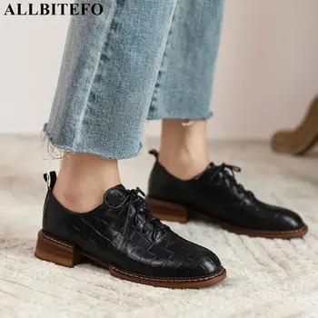 

ALLBITEFO cross tied round toe natural genuine leather women Medium heel shoes fashion women heels shoes office work shoes