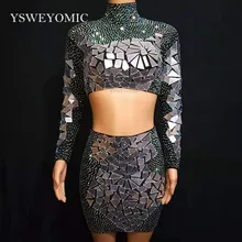 Блестящие AB Стразы из двух частей юбка костюм наряд для женщин певица танцевальная одежда черная сценическая одежда день рождения Appreal