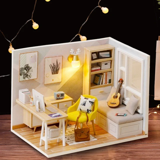 DIY Hut Study Room Toys Kit Princess Doll House Handmade  Model Furniture 3D Wooden Miniature Dollhouse Toys for Birthday Gifts 1