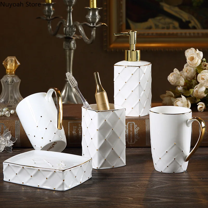 

Creative European-style Bone China Bathroom Five-piece Bathroom Supplies Bathroom Ceramic Toothbrushing Cup Gargle Cup Wash Set