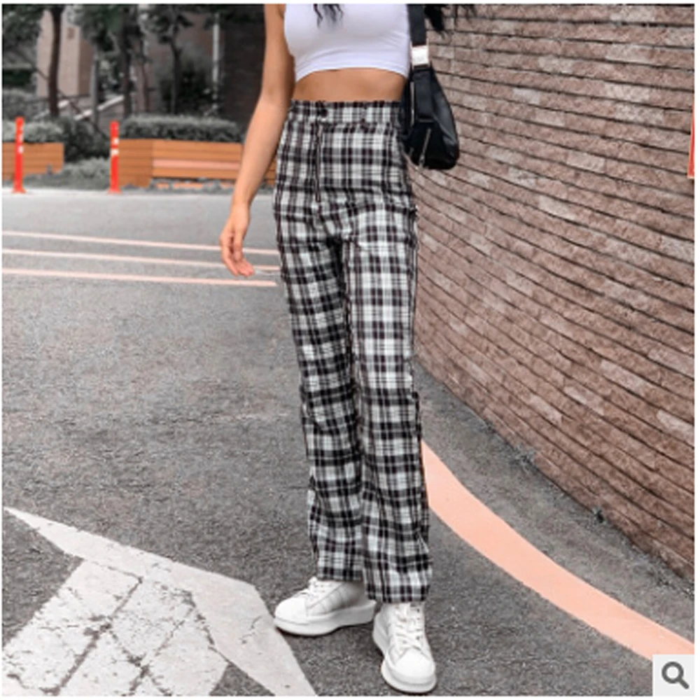 

Women's Trousers Black White Plaid Retro High Waist Versatile Slim Pants for Female