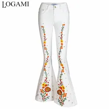 LOGAMI/белые женские джинсы с цветочной вышивкой, расклешенные брюки размера плюс, женские Джинсы 4XL
