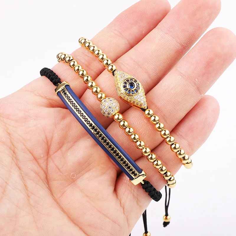 Jaravvi High Quantity 4mm Stainless Steel Beads CZ Evil Eye Charm Braided Macrame Bracelet Set Men - Image 3