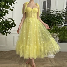 

Yellow Tulle Sweetheart Bow Straps Ankle Length Sleeveless Homecoming Prom Party Cocktail Dresses Short Simple Cute Gowns