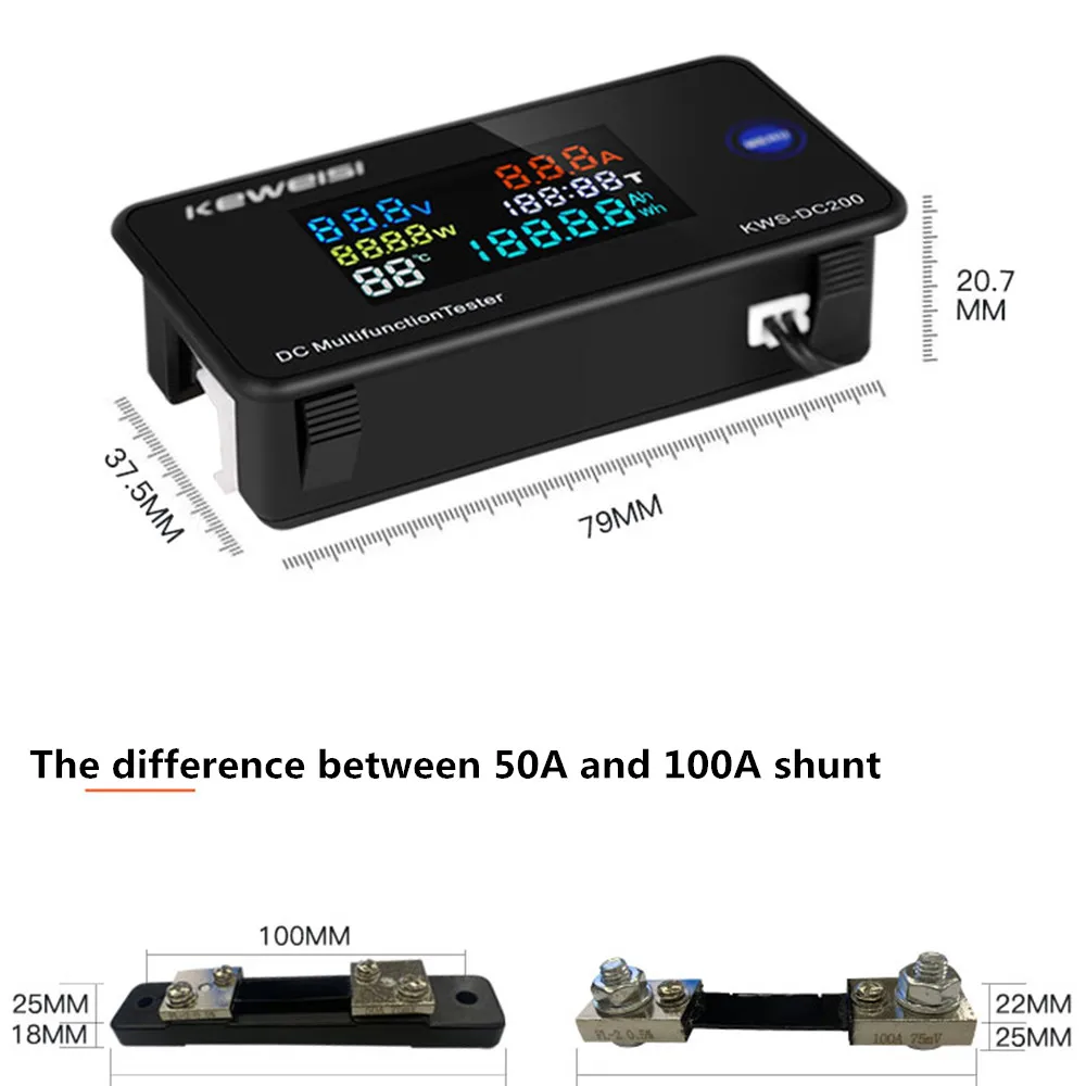KWS-DC200 디지털 전압계 DC 0-200V 전압 7 가지 기능 전력 에너지 미터, LED 컬러 디스플레이 전력계, 0-10, 50, 100A 30%