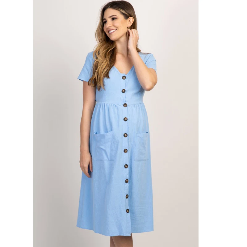 Slim-Fit Short-Sleeved Maternity Dress Maternity Long Dress Round Neck Loose Solid Color Long Trench Coat