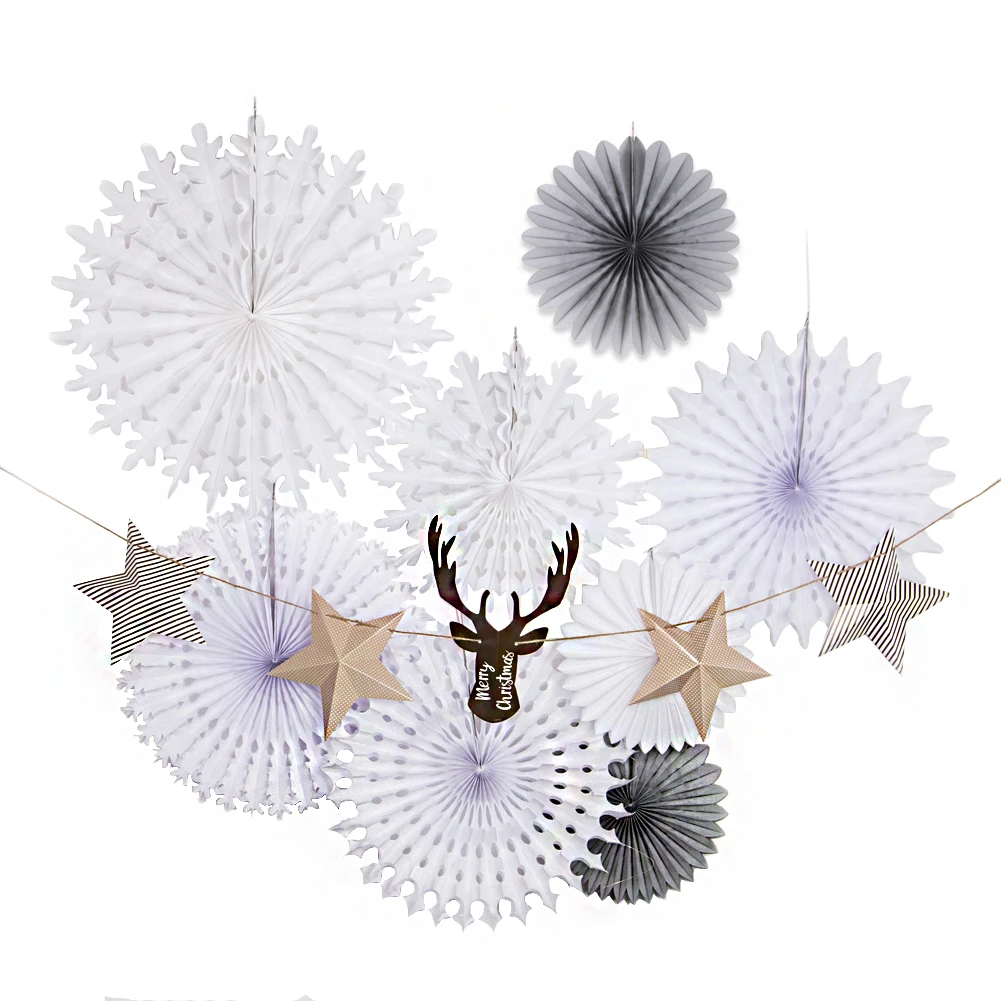 3 x White Snowflake Design Christmas Hanging Paper Fan Party Decoration 