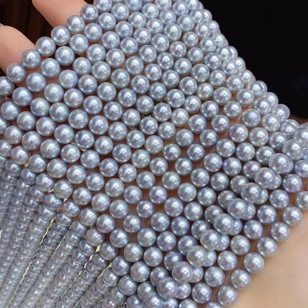 

6.5-7mm Big Size Natural Real Round Shape Sea Grey Color Pearl Necklace Real Pearl Strand String 39cm Long