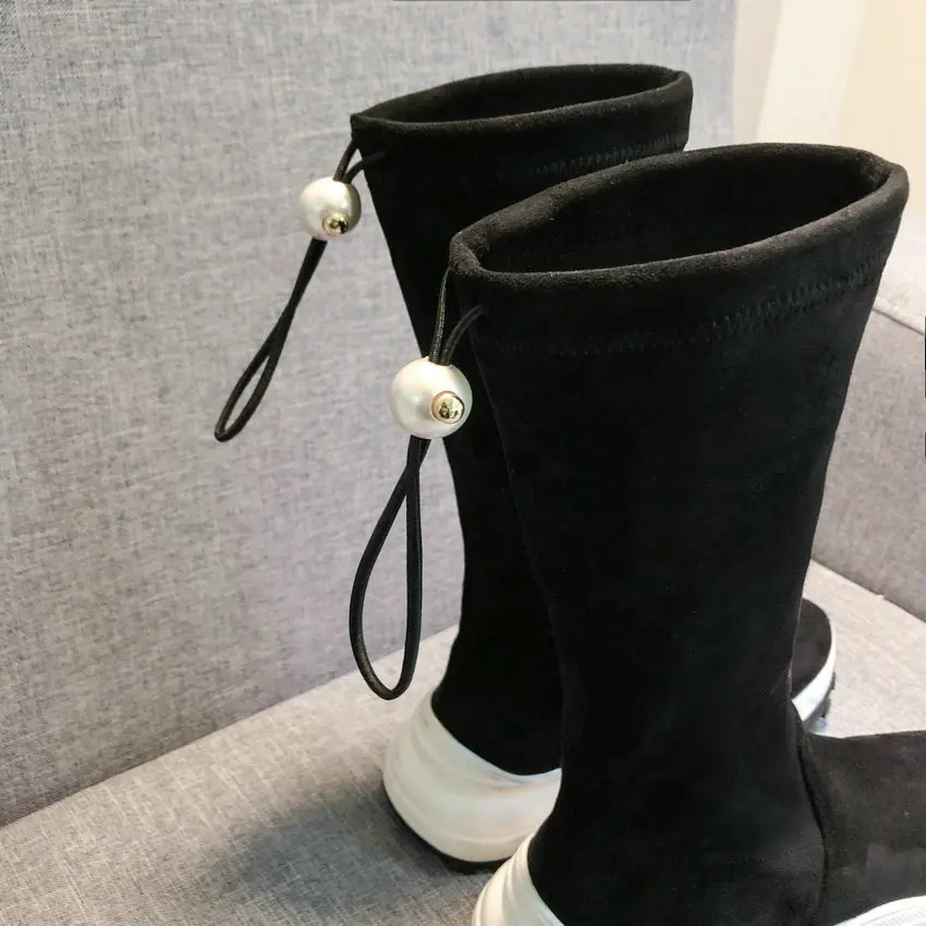 QUTAA Flock Elastic Long Boots Round Toe Lace Up Zipper Women Shoes Wedges Autumn Winter Over The Knee Boots Size 34-42