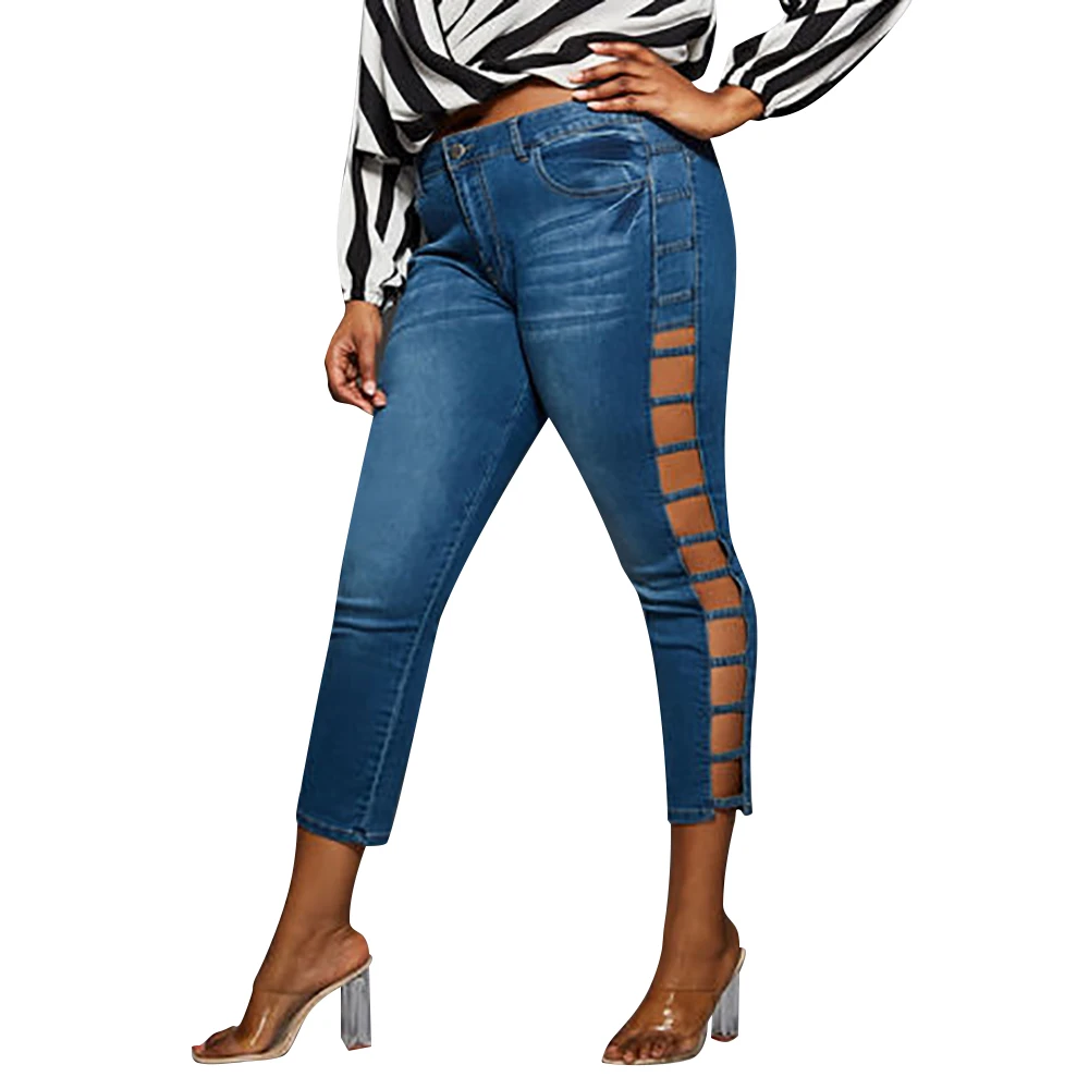 

5XL Plus Size Ladies Jeans Side Hollow Out pantalones vaqueros mujer High Waist Jeans Casual Skinny Jeans Casual Denim Pant D25