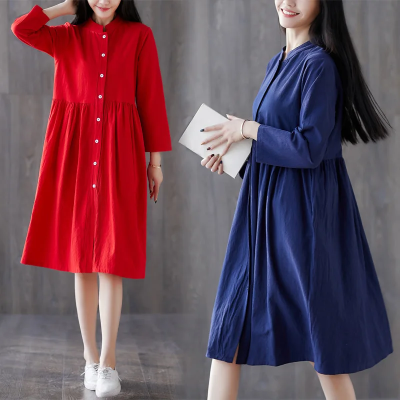 

2019 Spring New Style Literature And Art Large Size Solid Color Cotton Linen Mid-length Round-neck Long-sleeved Dress
