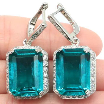 

37x16mm Deluxe Big Rectangle Gemstone Rich Blue Aquamarine CZ Ladies Party Silver Earrings