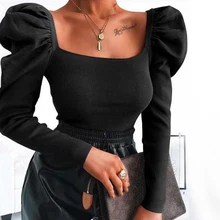 *#Best Price Autumn Retro Women Shirts Solid Color Puff Sleeve Square Collar Slim Blouses Tops Fashion Ladies Bare Belly Bottoming Shirts D30 *#Best Price Autumn Retro Women Shirts Solid Color Puff Sleeve Square Collar Slim Blouses Tops Fashion Ladies Bare Belly Bottoming Shirts D30
