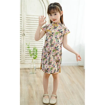 

Baby Qipao Girl Dress Peacock Princess 2020 Traditional Cheongsam Children Chinese Floral Plaid Crane Wedding New Year Clothes